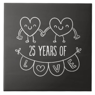 25th Anniversary Gift Chalk Hearts Ceramic Tile