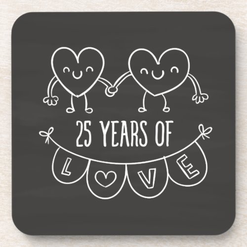 25th Anniversary Gift Chalk Hearts Drink Coaster