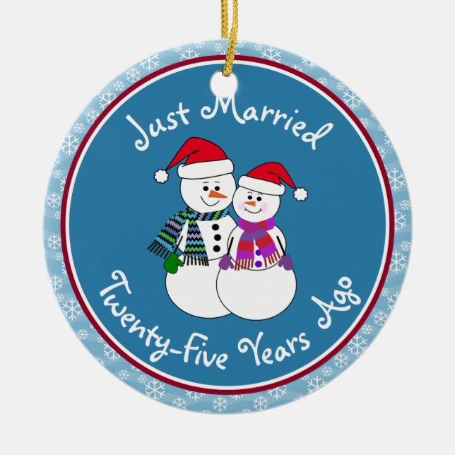 25th Anniversary Gift Fun Snow Couple Christmas Ceramic Ornament (Front)