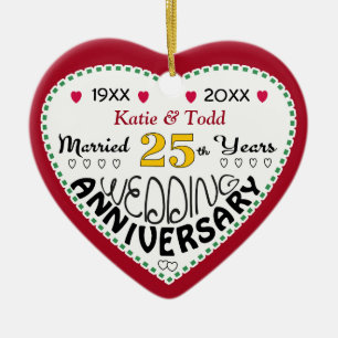25th Anniversary Gift Heart Shaped Christmas Ceramic Ornament