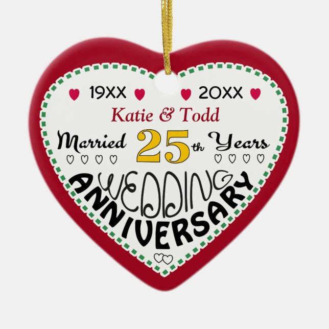 25th Anniversary Gift Heart Shaped Christmas Ceramic Ornament (Front)