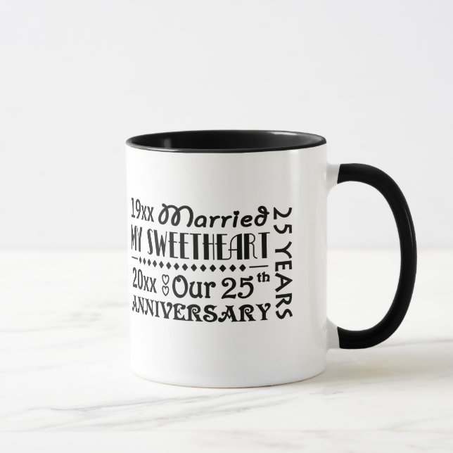 25th Anniversary Gift Mug or Cup with Year Dates (Right)