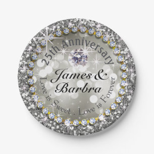 25th Anniversary Glitzy Diamond Bling   silver Paper Plates