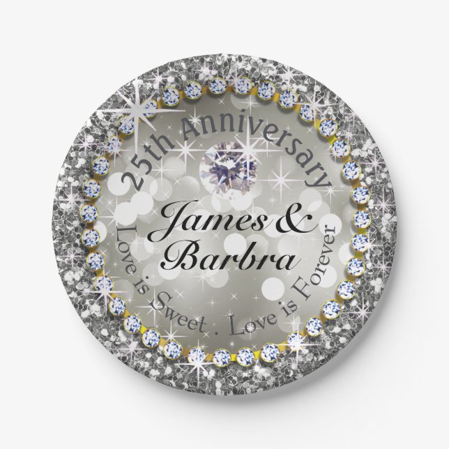 25th Anniversary Glitzy Diamond Bling | silver Paper Plates (Front)