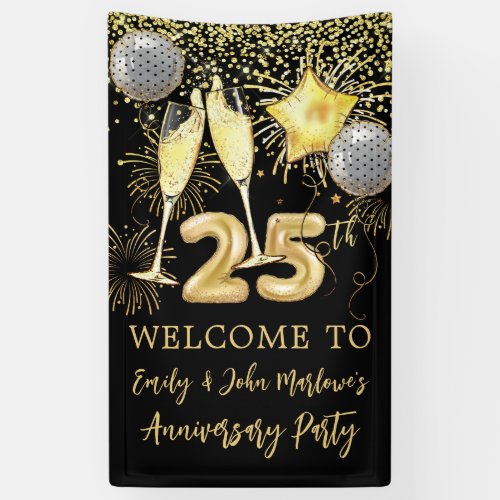 25th Anniversary Gold Glitter Confetti Champagne  Banner