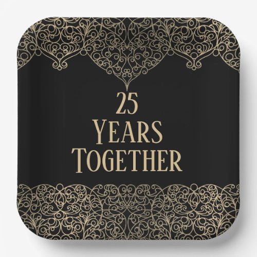 25th Anniversary Gold Lace On Black  Paper Plates