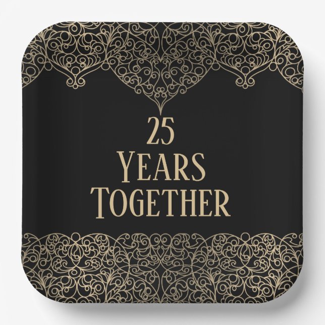 25th Anniversary Gold Lace On Black  Paper Plates (Front)
