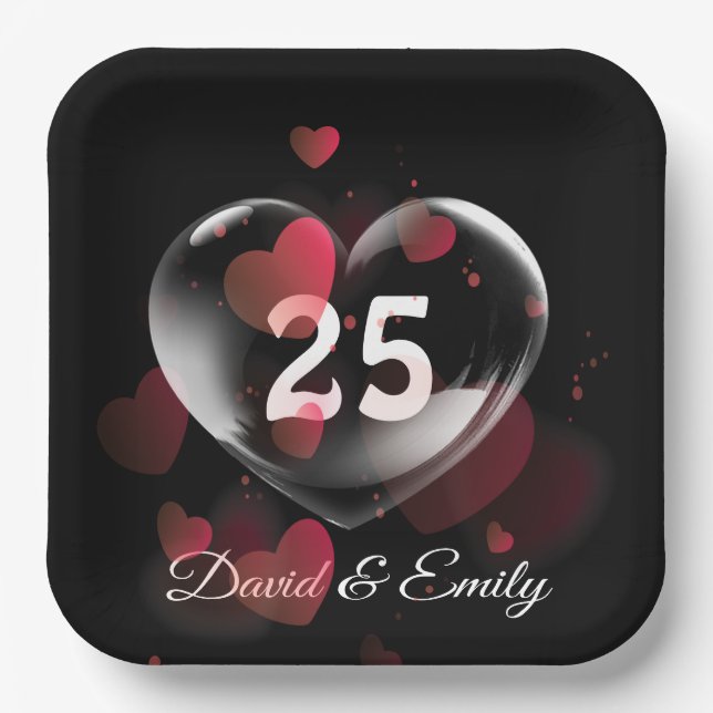 25th Anniversary Heart Bubble With Red Hearts Paper Plates (Front)