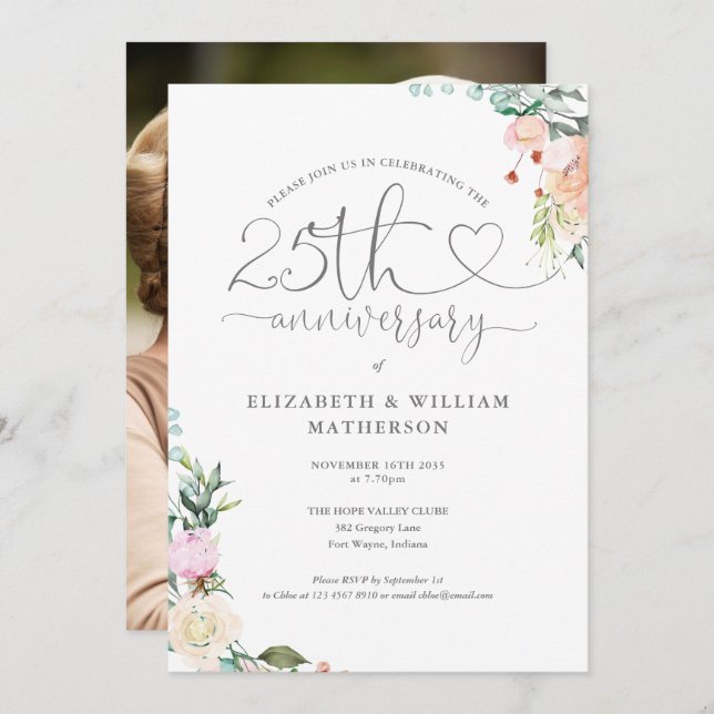 25th Anniversary Heart Script Floral Photo Invitation (Front/Back)