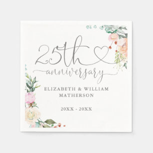 25th Anniversary Heart Script Roses Floral Napkins