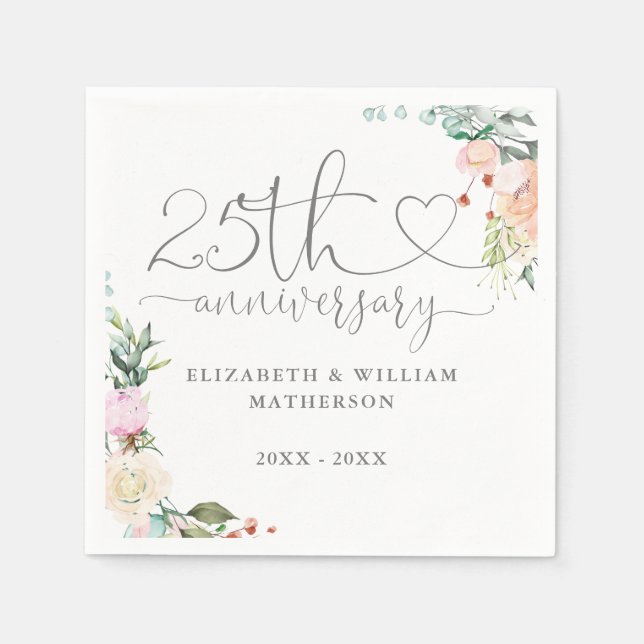 25th Anniversary Heart Script Roses Floral Napkins (Front)
