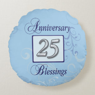 25th Anniversary in Blue and Silver Round Pillow