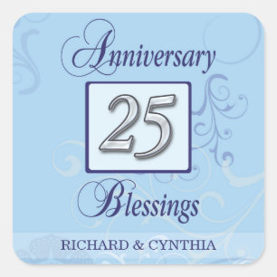 25th Anniversary in Blue and Silver Square Sticker