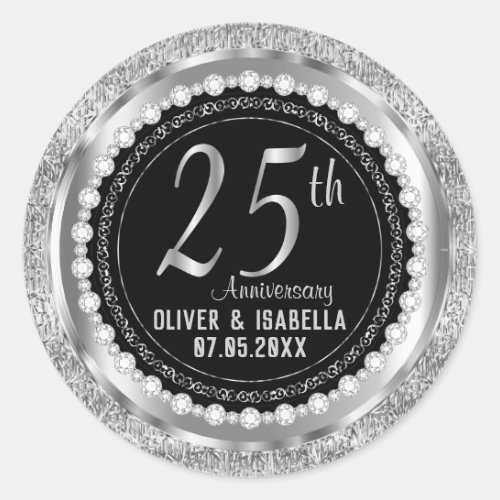 25th Anniversary in Silver Metallic and Black Classic Round Sticker