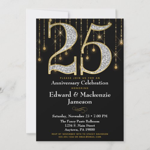 25th Anniversary Invitation Black Gold Diamonds