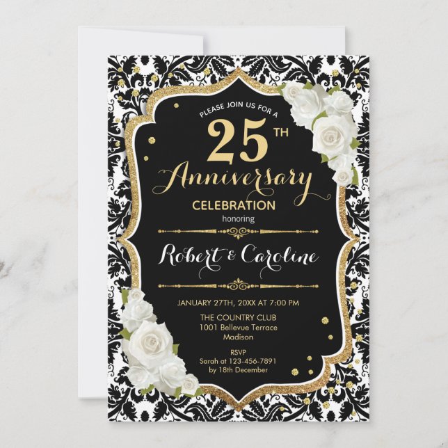 25th Anniversary Invitation - Black White Gold (Front)