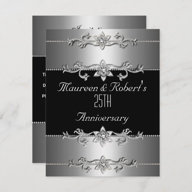 25th Anniversary Invitation Elegant Black Silver 3 (Front/Back)