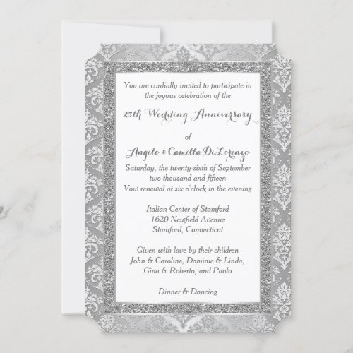 25th Anniversary Invitation  FAUX Silver Glitter