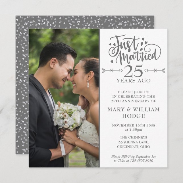 25th Anniversary Just Married Wedding Photo Square Invitation (Front/Back)