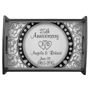 25th Anniversary Monogram and Faux Diamonds Serving Tray