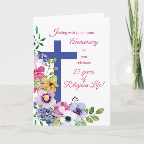 25th Anniversary Nun Religious Life Cross Flowers Card