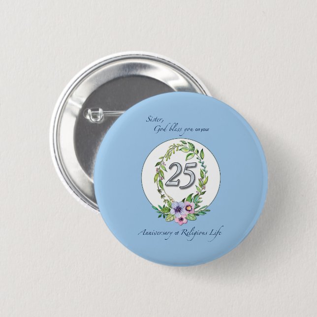 25th Anniversary of Catholic Nun Wreath and Silver Pinback Button (Front & Back)