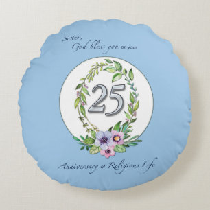 25th Anniversary of Catholic Nun Wreath and Silver Round Pillow