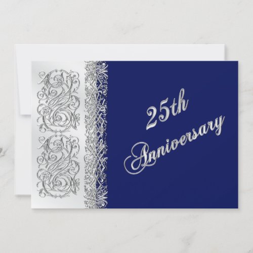 25th Anniversary Ornate Silver Scrolls with Navy Invitation