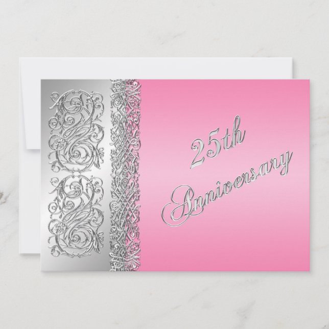 25th Anniversary Ornate Silver Scrolls with Pink Invitation (Front)