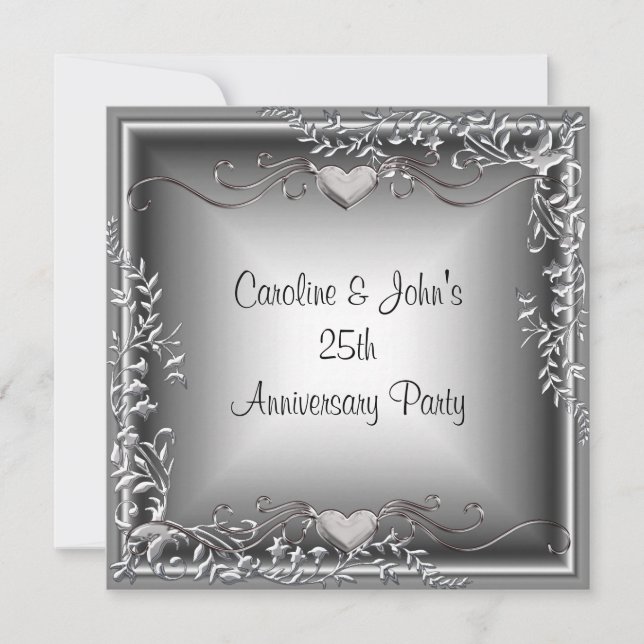 25th Anniversary Party Black Silver Floral Hearts Invitation (Front)