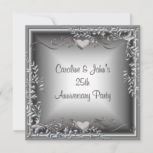 25th Anniversary Party Black Silver Floral Hearts Invitation