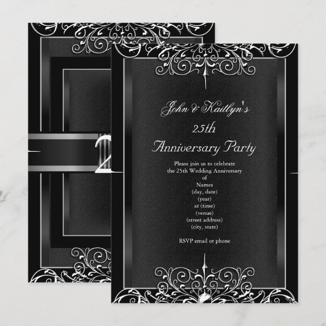25th Anniversary Party Chalkboard Silver Floral 3 Invitation (Front/Back)