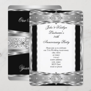 25th Anniversary Party Damask Diamond Silver Black Invitation