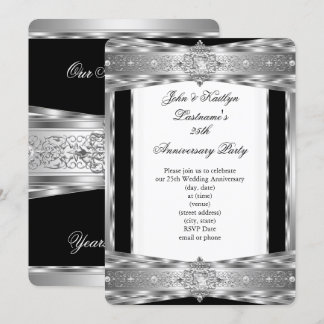 25th Anniversary Party Damask Diamond Silver Black Invitation