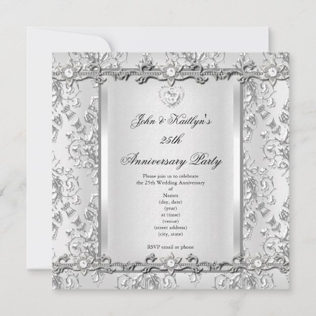 25th Anniversary Party Damask Diamond White Invitation (Front)