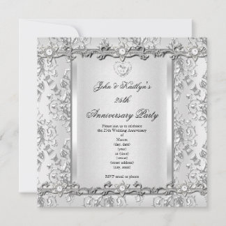 25th Anniversary Party Damask Diamond White Invitation