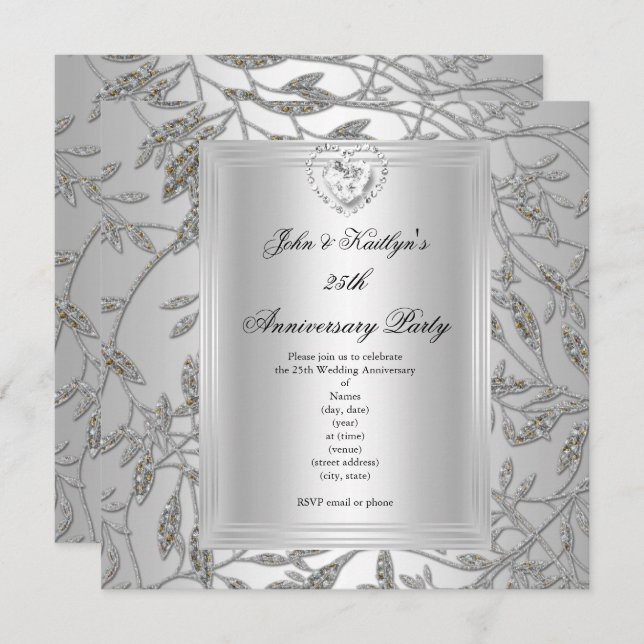 25th Anniversary Party Damask Silver Grey 2 Invitation (Front/Back)