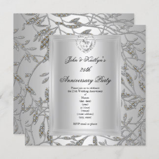 25th Anniversary Party Damask Silver Grey 2 Invitation