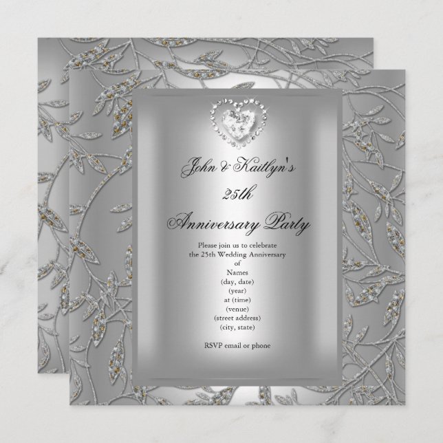 25th Anniversary Party Damask Silver Grey Invitation (Front/Back)