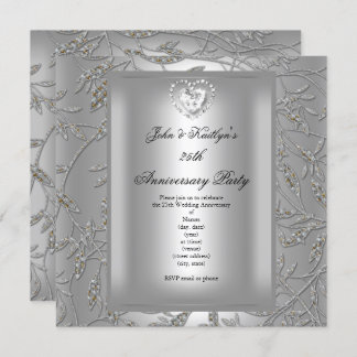 25th Anniversary Party Damask Silver Grey Invitation