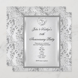 25th Anniversary Party Damask Silver White 2 Invitation