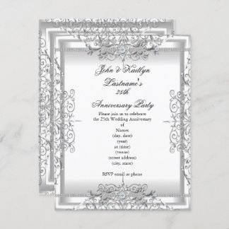 25th Anniversary Party Damask Silver White Invitation