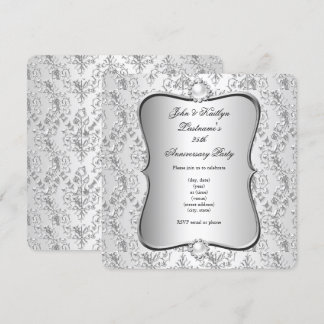 25th Anniversary Party Damask Silver White Invitation