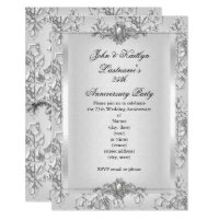 25th Anniversary Party Damask Silver White Invitation