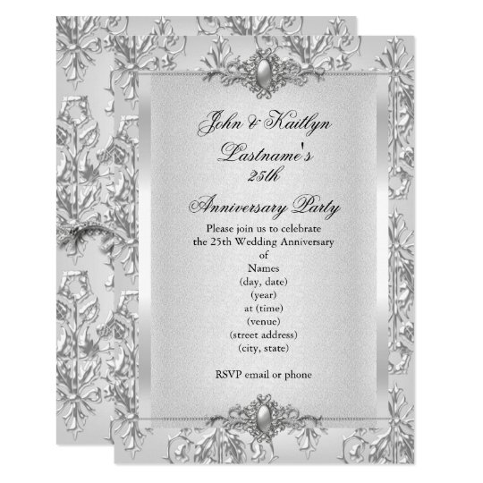 25th Anniversary Party Damask Silver White Invitation | Zazzle.com