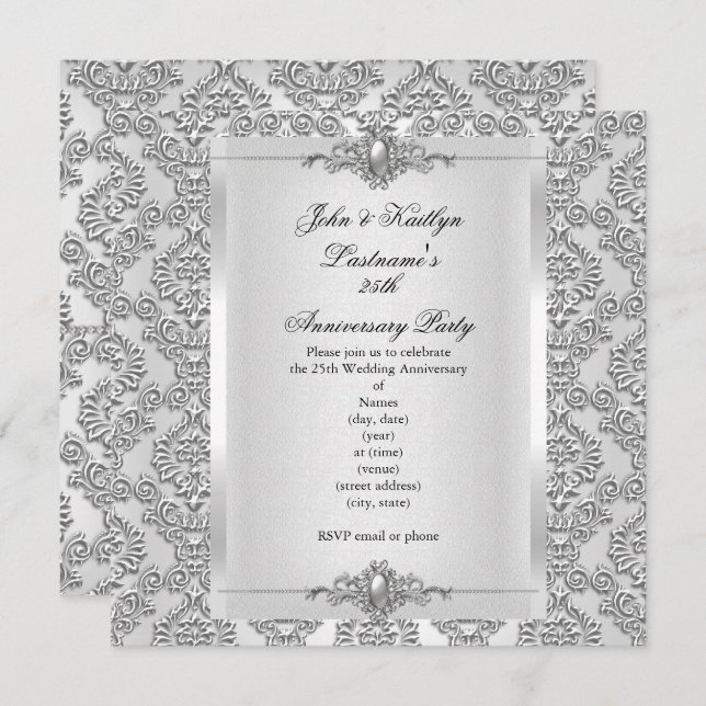 25th Anniversary Party Damask Silver White Invitation (Front/Back)