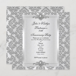 25th Anniversary Party Damask Silver White Invitation