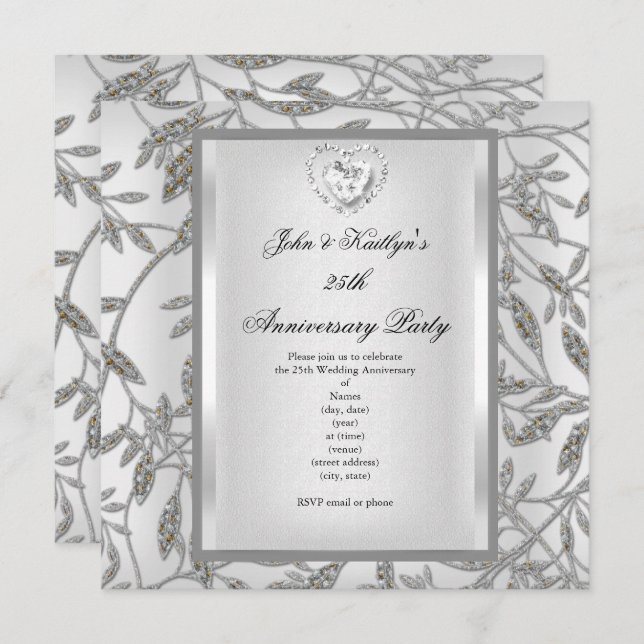 25th Anniversary Party Damask Silver White Invitation (Front/Back)
