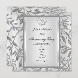 25th Anniversary Party Damask Silver White Invitation