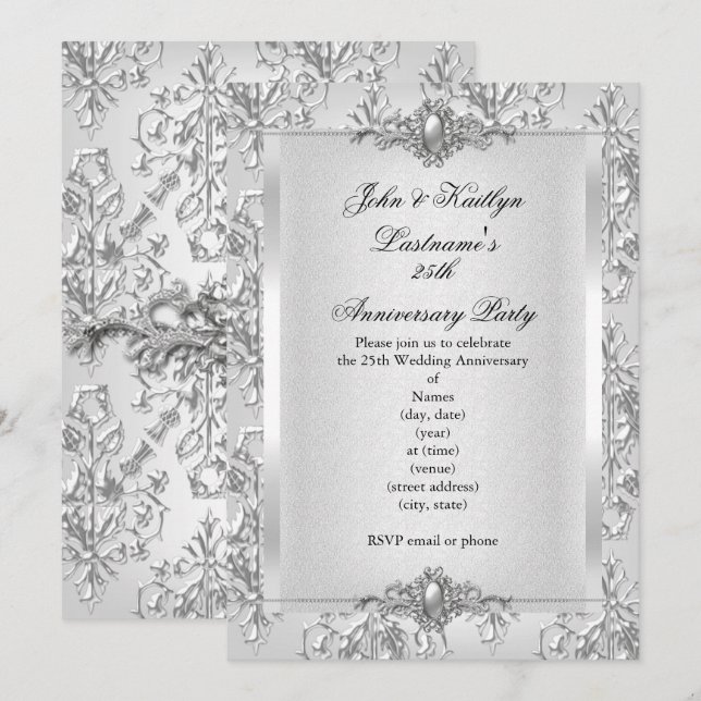 25th Anniversary Party Damask Silver White Small Invitation (Front/Back)